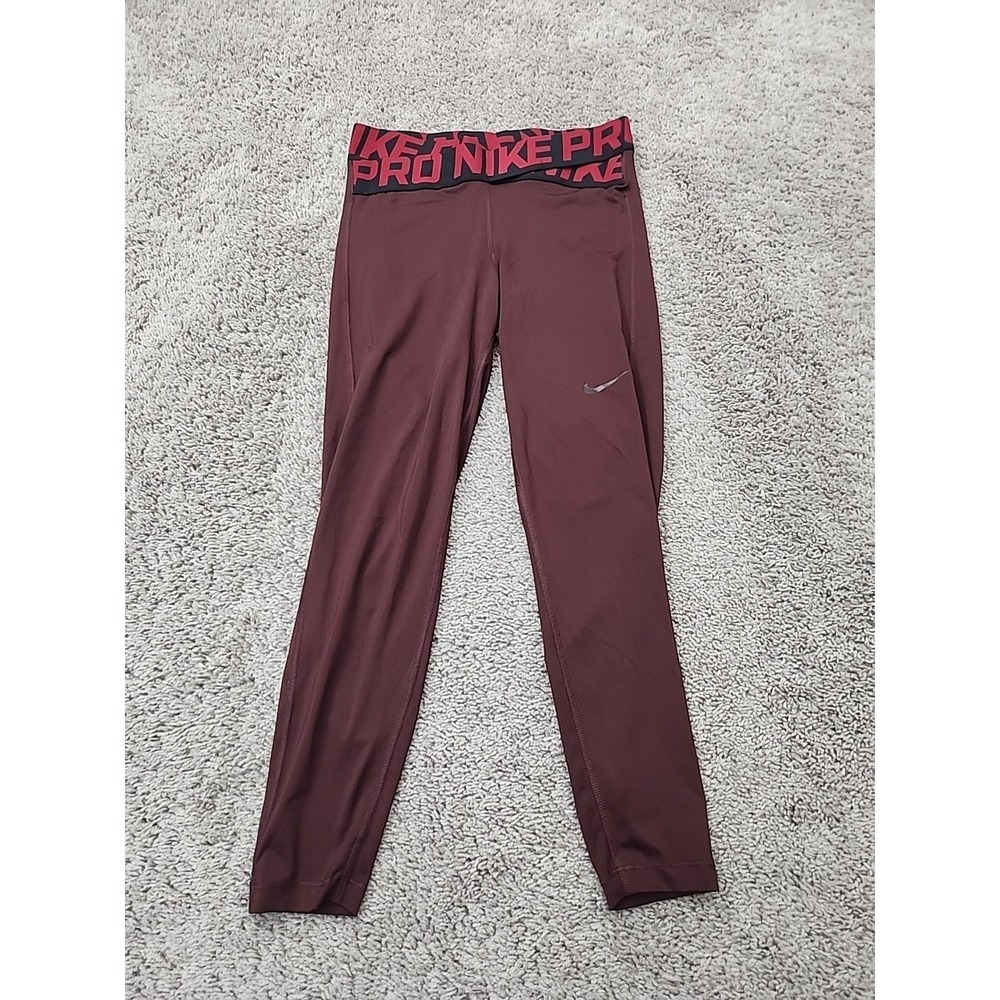 Nike Pro Leggings Womens S Maroon Logo Elastic Waistband Dri-Fit Athletic Gym